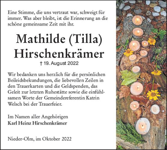 Traueranzeige von Mathilde Hirschenkrämer von vrm-trauer AZ Mainz