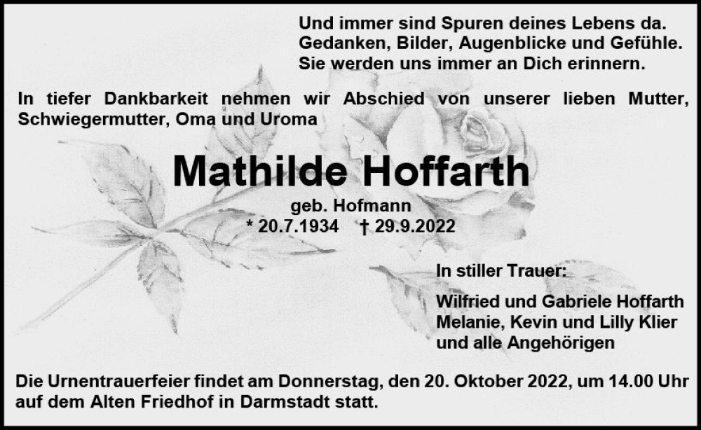  Traueranzeige für Mathilde Hoffart vom 15.10.2022 aus vrm-trauer Darmstädter Echo