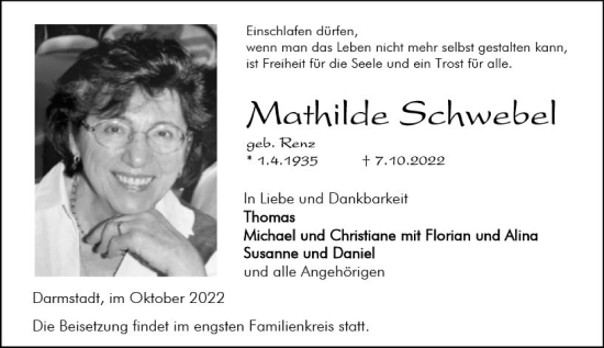 Traueranzeige von Mathilde Schwebel von vrm-trauer Darmstädter Echo