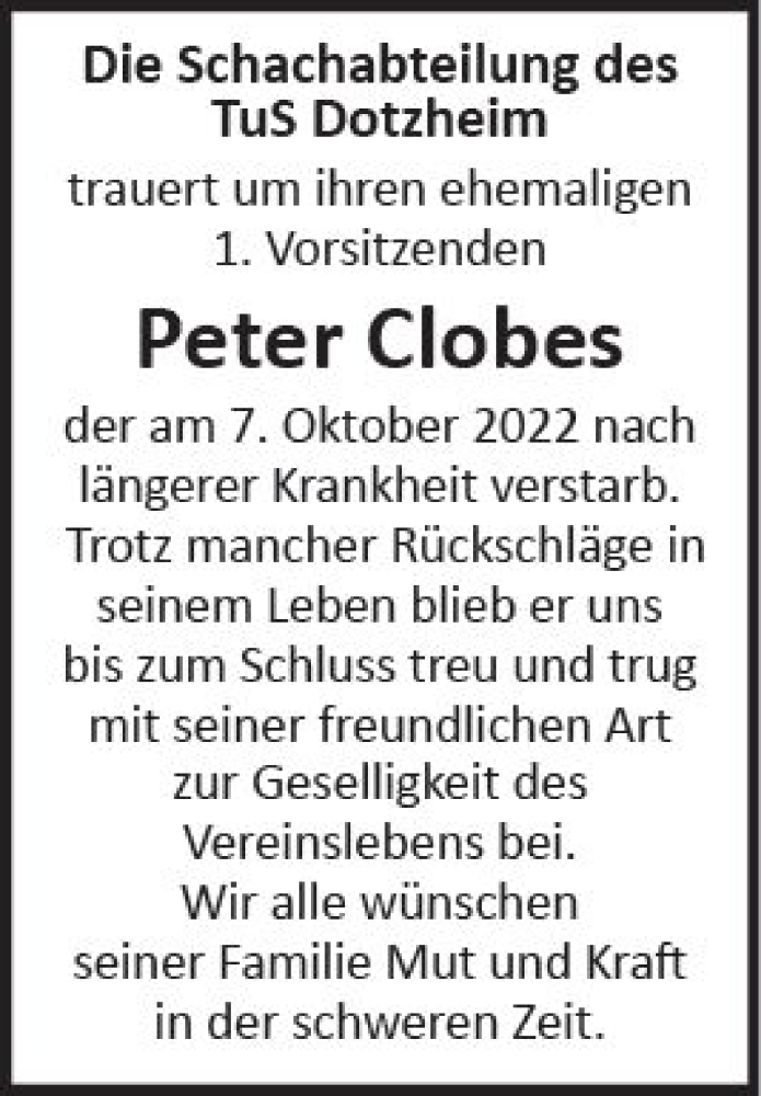  Traueranzeige für Peter Clobes vom 15.10.2022 aus vrm-trauer Wiesbadener Kurier