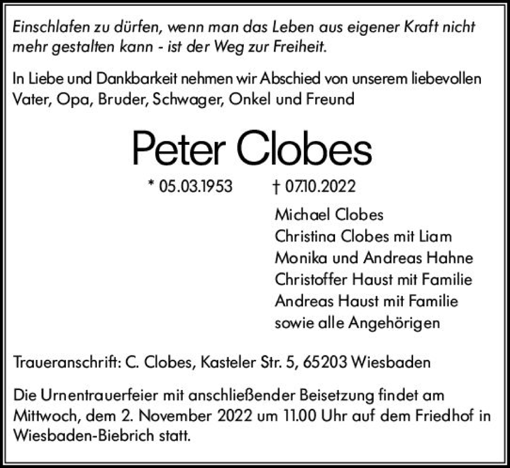  Traueranzeige für Peter Clobes vom 29.10.2022 aus vrm-trauer Wiesbadener Kurier