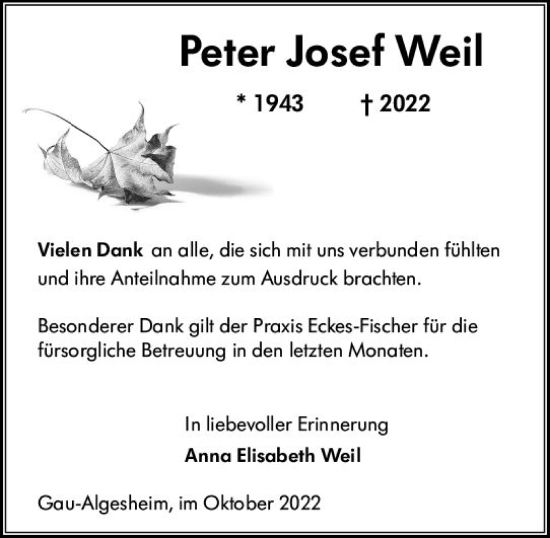 Traueranzeige von Peter Josef Weil von vrm-trauer Allgemeine  Zeitung Ingelheim-Bingen