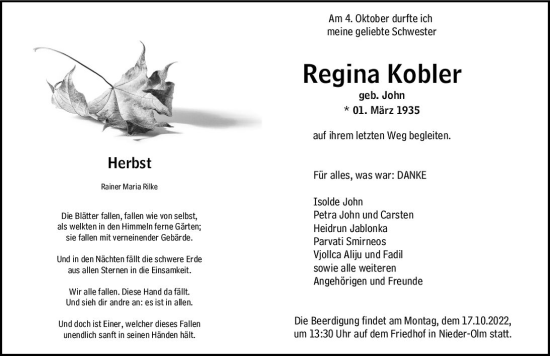 Traueranzeige von Regina Kobler von vrm-trauer AZ Mainz