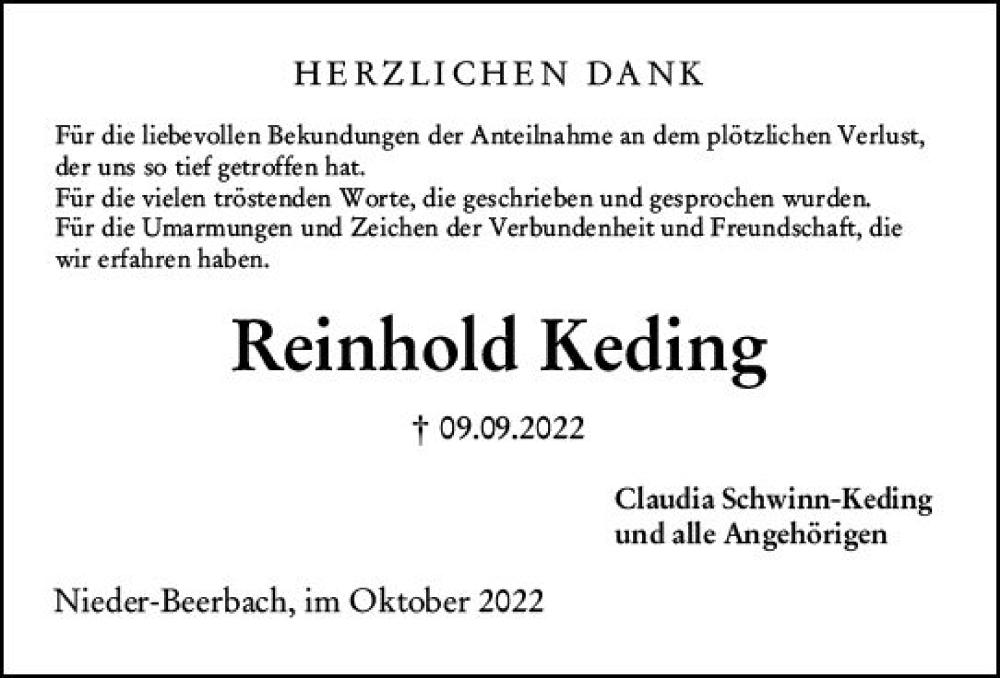 Traueranzeige für Reinhold Keding vom 22.10.2022 aus vrm-trauer Darmstädter Echo
