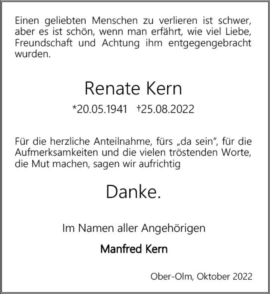  Traueranzeige für Renate Kern vom 22.10.2022 aus vrm-trauer AZ Mainz