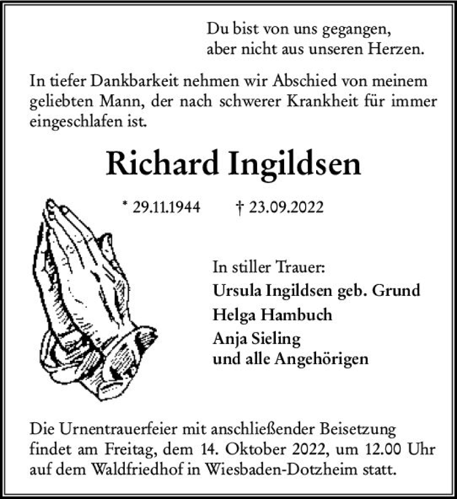  Traueranzeige für Richard Ingildsen vom 08.10.2022 aus vrm-trauer Wiesbadener Kurier