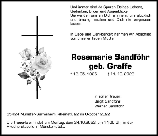 Traueranzeige von Rosemarie Sandföhr von vrm-trauer Allgemeine  Zeitung Ingelheim-Bingen