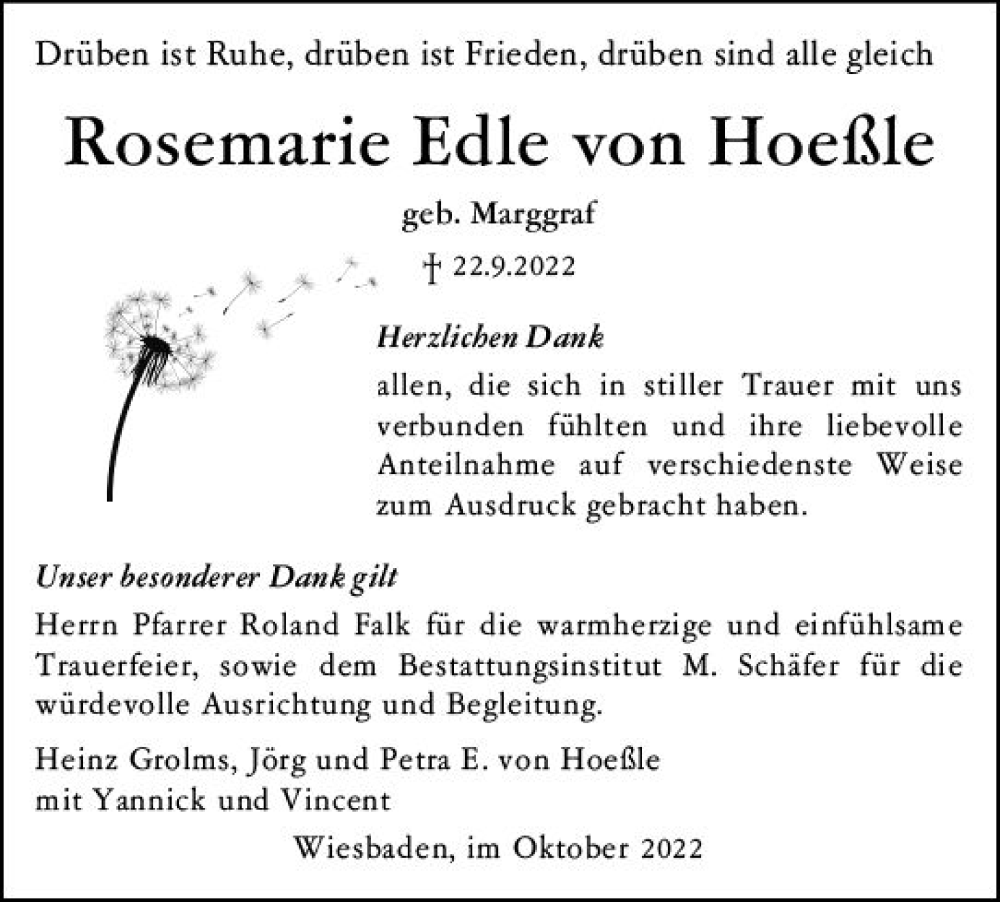  Traueranzeige für Rosemarie Edle von Hoeßle vom 15.10.2022 aus vrm-trauer Wiesbadener Kurier
