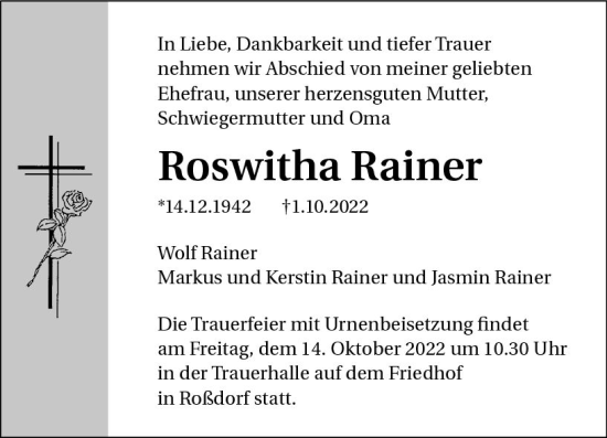 Traueranzeige von Roswitha Rainer von vrm-trauer Rüsselsheimer Echo / MainSpitze