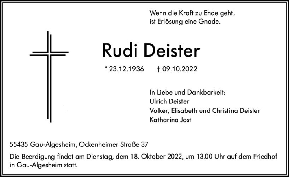  Traueranzeige für Rudi Deister vom 13.10.2022 aus vrm-trauer Allgemeine  Zeitung Ingelheim-Bingen