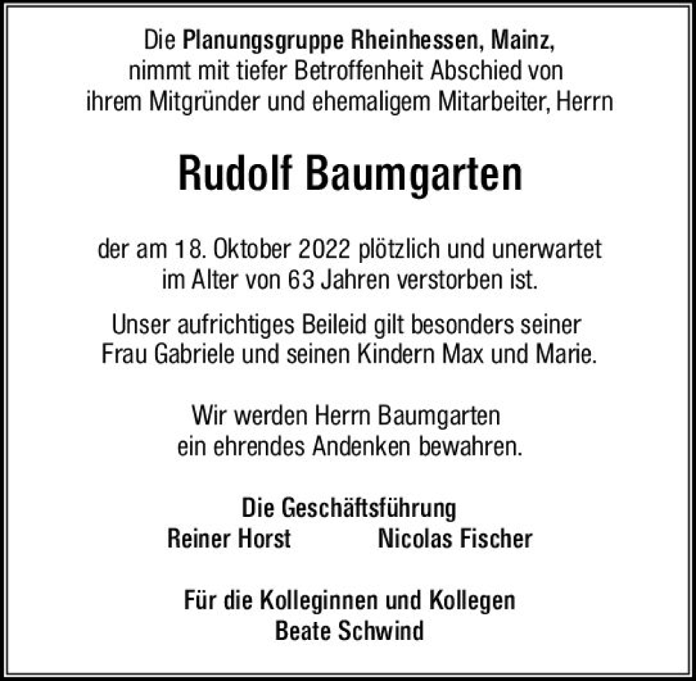  Traueranzeige für Rudolf Baumgarten vom 22.10.2022 aus vrm-trauer AZ Mainz