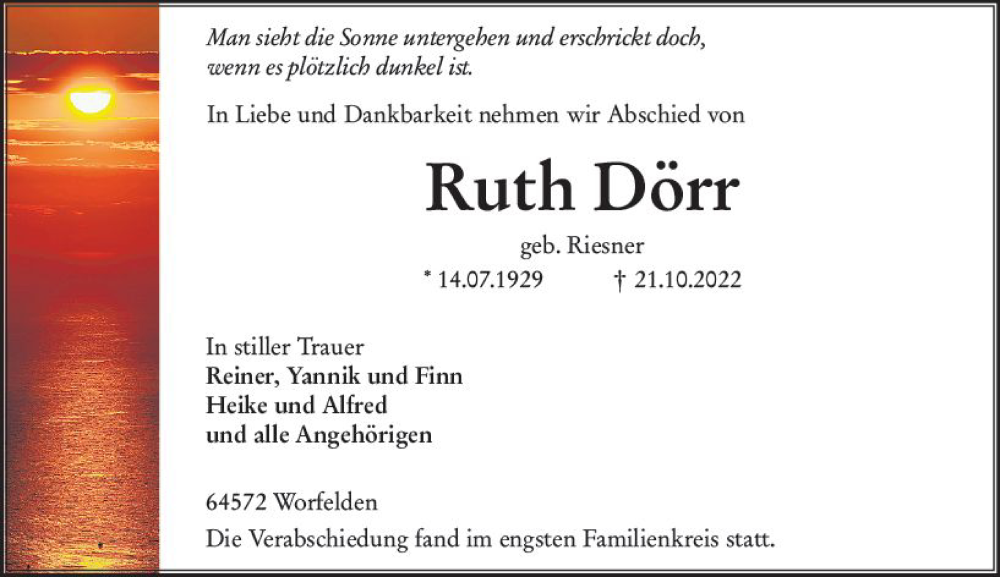  Traueranzeige für Ruth Dörr vom 29.10.2022 aus vrm-trauer Groß-Gerauer Echo