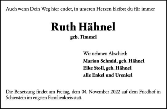 Traueranzeige von Ruth Hähnel von vrm-trauer Wiesbadener Kurier