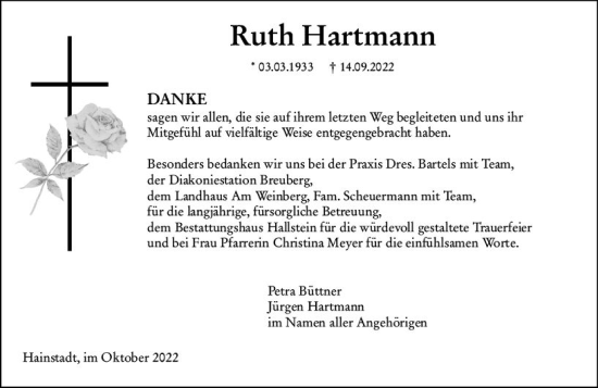 Traueranzeige von Ruth Hartmann von vrm-trauer Odenwälder Echo