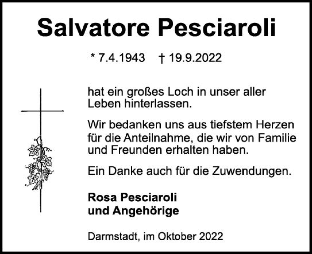 Traueranzeige für Salvatore Pesciaroli vom 08.10.2022 aus vrm-trauer Darmstädter Echo