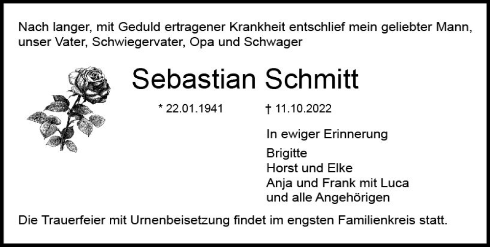  Traueranzeige für Sebastian Schmitt vom 22.10.2022 aus vrm-trauer DieburgerAnzeiger/Groß-Zimmerner Lokala