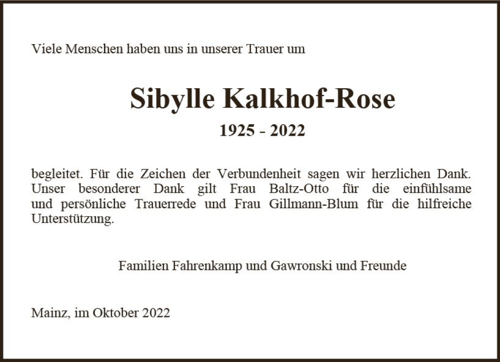  Traueranzeige für Sibylle Kalkhof-Rose vom 29.10.2022 aus vrm-trauer AZ Mainz