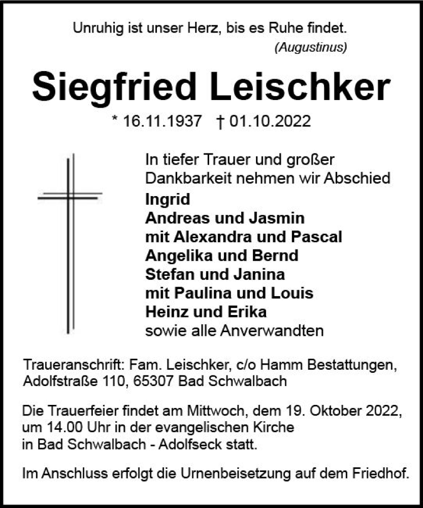  Traueranzeige für Siegfried Leischker vom 08.10.2022 aus vrm-trauer Wiesbadener Kurier