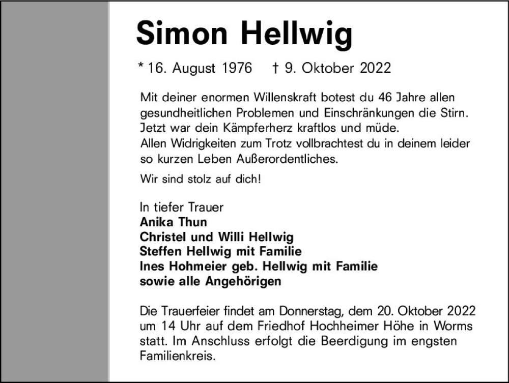 Traueranzeige für Simon Hellwig vom 18.10.2022 aus vrm-trauer Wormser Zeitung