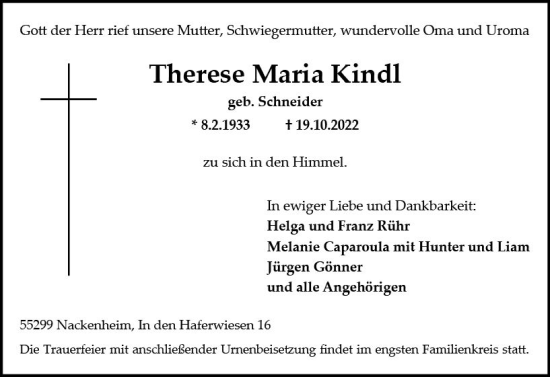 Traueranzeige von Therese Maria Kindl von vrm-trauer AZ Mainz