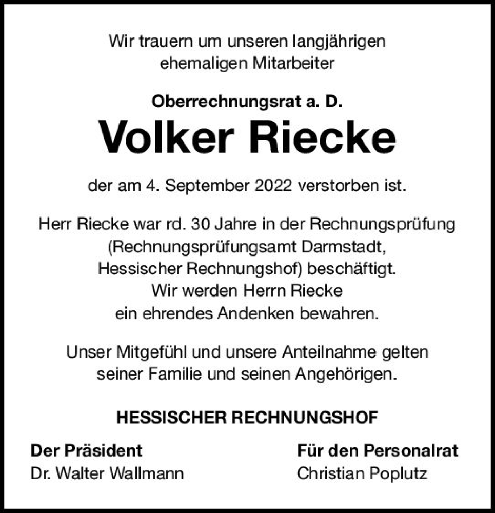  Traueranzeige für Volker Riecke vom 07.10.2022 aus vrm-trauer Darmstädter Echo