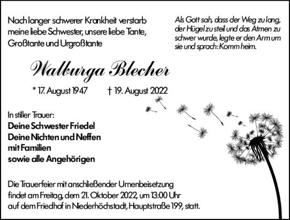  Traueranzeige für Walburga Blecher vom 15.10.2022 aus vrm-trauer Wiesbadener Kurier