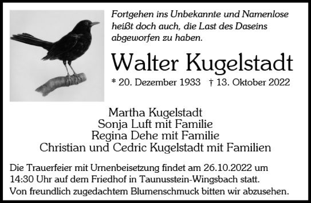  Traueranzeige für Walter Kugelstadt vom 22.10.2022 aus vrm-trauer WK-UTA