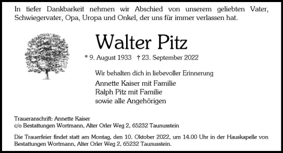 Traueranzeige von Walter Pitz von vrm-trauer Wiesbadener Kurier