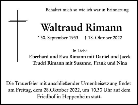 Traueranzeige von Waltraud Rimann von vrm-trauer Bürstädter/Lamperth. Ztg/Starkenburger