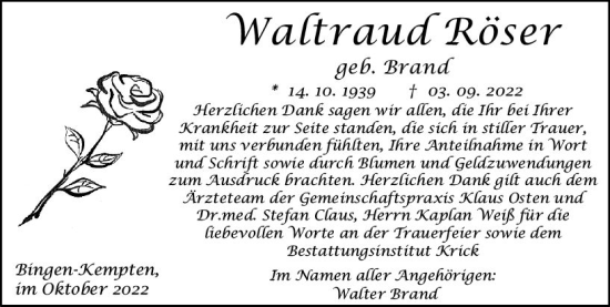 Traueranzeige von Waltraud Röser von vrm-trauer Allgemeine  Zeitung Ingelheim-Bingen