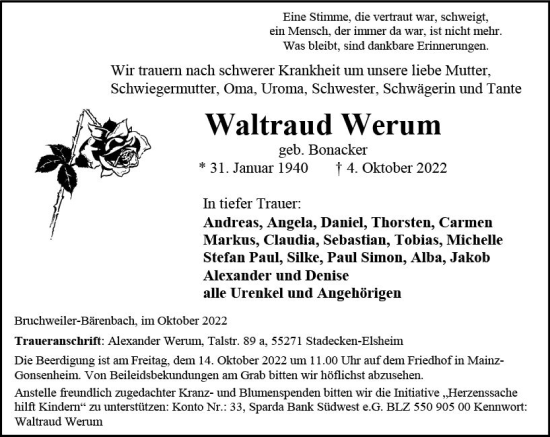 Traueranzeige von Waltraud Werum von vrm-trauer AZ Mainz