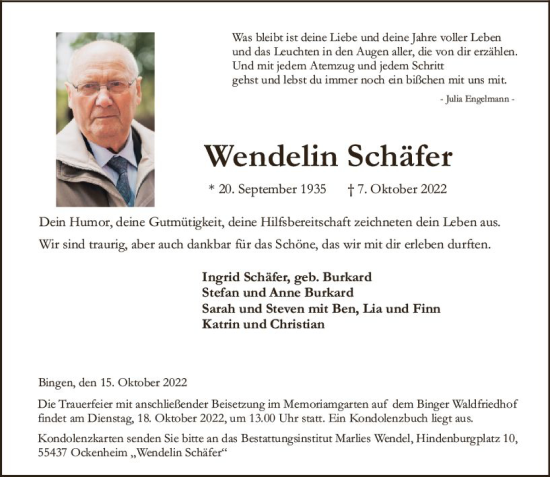 Traueranzeige von Wendelin Schäfer von vrm-trauer Allgemeine  Zeitung Ingelheim-Bingen