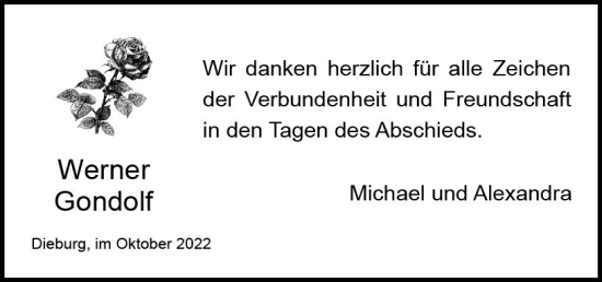 Traueranzeige von Werner Gondolf von vrm-trauer DieburgerAnzeiger/Groß-Zimmerner Lokala