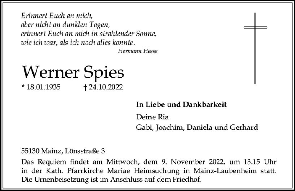  Traueranzeige für Werner Spies vom 29.10.2022 aus vrm-trauer AZ Mainz