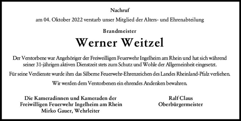  Traueranzeige für Werner Weitzel vom 22.10.2022 aus vrm-trauer Allgemeine  Zeitung Ingelheim-Bingen
