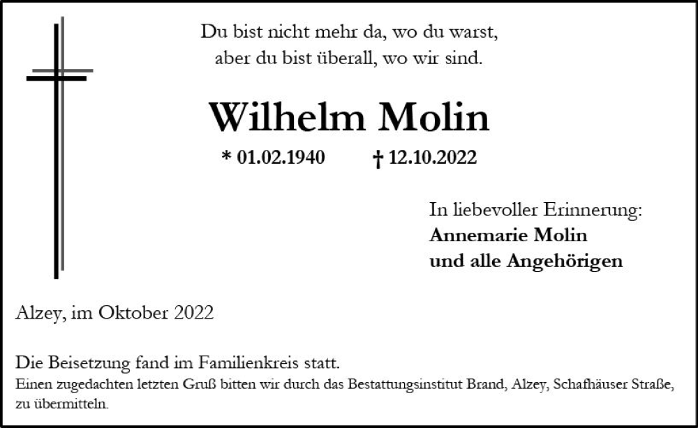 Traueranzeige für Wilhelm Molin vom 29.10.2022 aus vrm-trauer Allgemeine Zeitung Alzey
