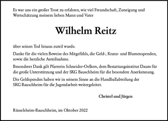 Traueranzeige von Wilhelm Reitz von vrm-trauer Rüsselsheimer Echo / MainSpitze