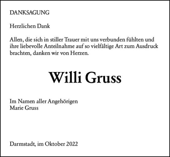 Traueranzeige von Willi Gruss von vrm-trauer Darmstädter Echo