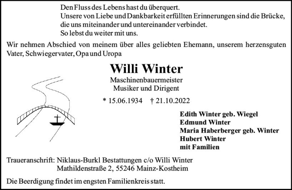  Traueranzeige für Willi Winter vom 29.10.2022 aus vrm-trauer AZ Mainz