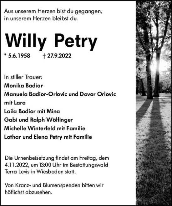 Traueranzeige von Willy Petry von vrm-trauer Wiesbadener Kurier