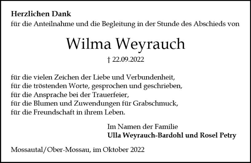  Traueranzeige für Wilma Weyrauch vom 15.10.2022 aus vrm-trauer Odenwälder Echo