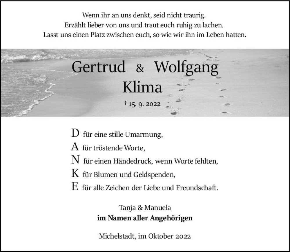  Traueranzeige für Wolfgang Klima vom 22.10.2022 aus vrm-trauer Odenwälder Echo