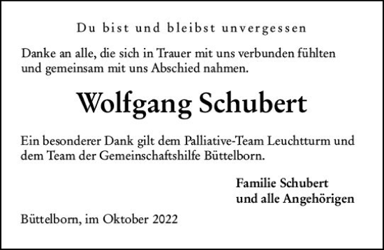 Traueranzeige von Wolfgang Schubert von vrm-trauer Groß-Gerauer Echo