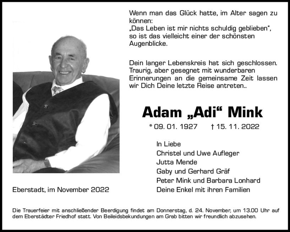  Traueranzeige für Adam Mink vom 19.11.2022 aus vrm-trauer Darmstädter Echo