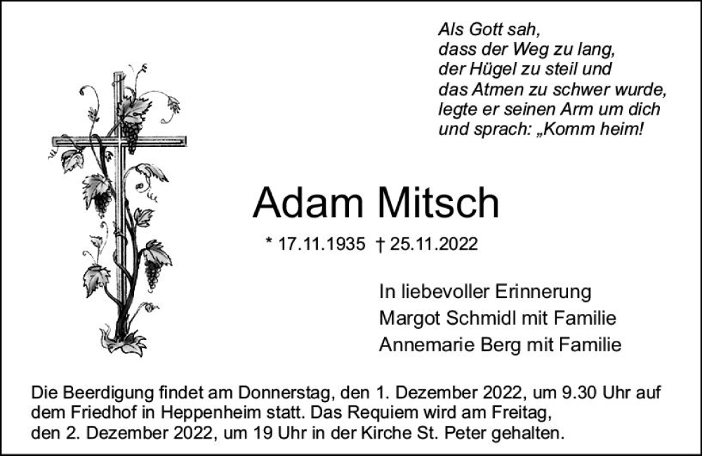  Traueranzeige für Adam Mitsch vom 26.11.2022 aus vrm-trauer Bürstädter/Lamperth. Ztg/Starkenburger