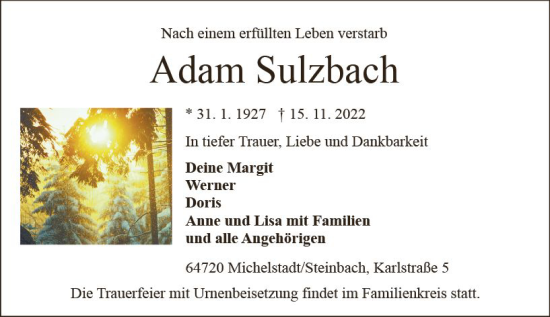 Traueranzeige von Adam Sulzbach von vrm-trauer Odenwälder Echo