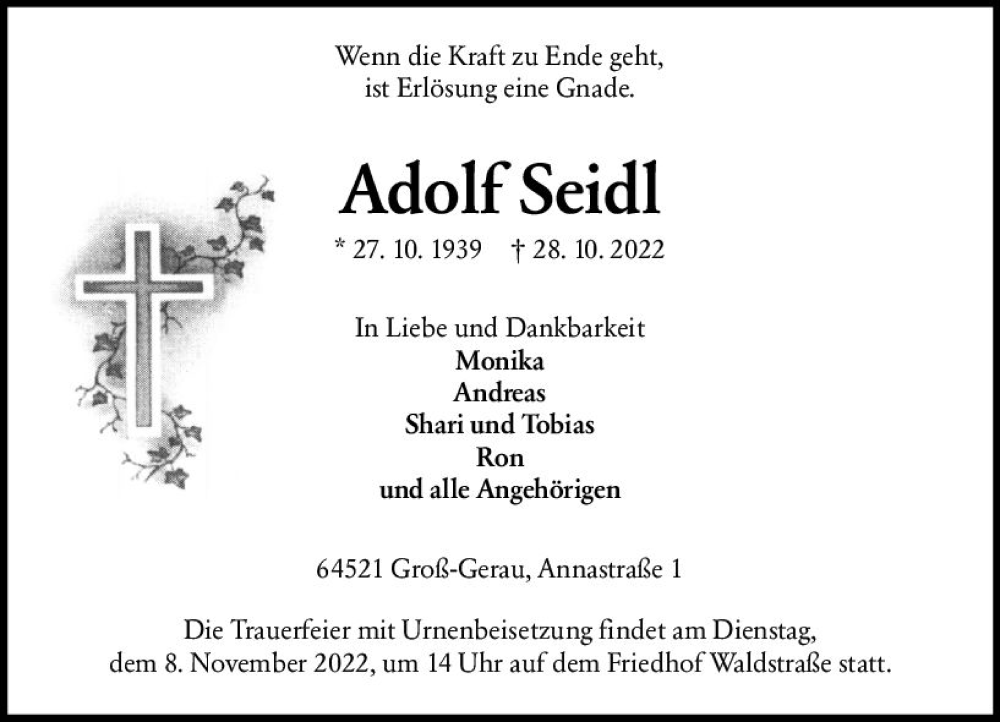  Traueranzeige für Adolf Seidl vom 05.11.2022 aus vrm-trauer Groß-Gerauer Echo