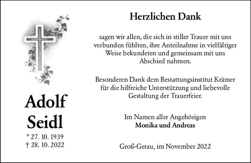  Traueranzeige für Adolf Seidl vom 26.11.2022 aus vrm-trauer Groß-Gerauer Echo