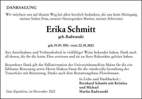 Traueranzeige von Erika Schmitt von vrm-trauer Allgemeine  Zeitung Ingelheim-Bingen