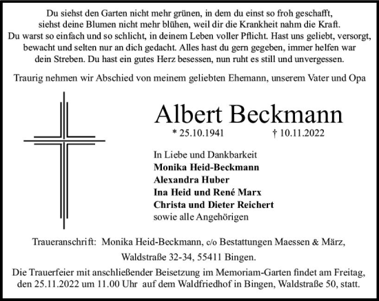 Traueranzeige von Albert Beckmann von vrm-trauer Allgemeine  Zeitung Ingelheim-Bingen